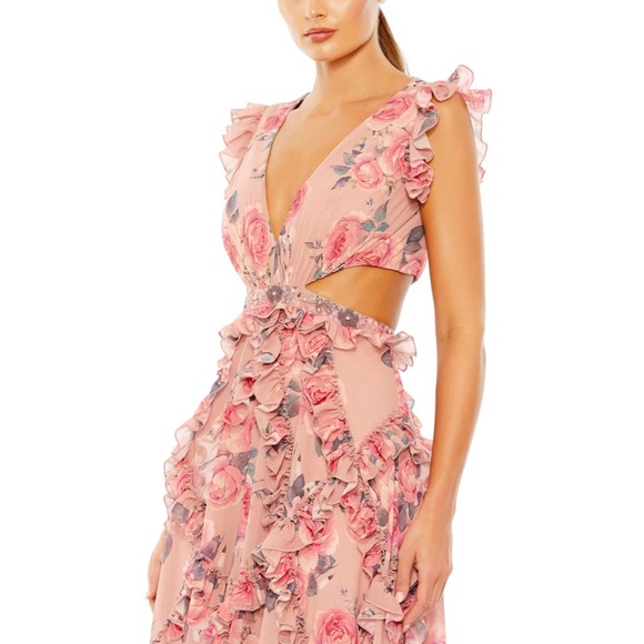 Mac Duggal RUFFLED CUT OUT CAP SLEEVE V NECK GOWN 9152 Rose Multicolor - Picture 3 of 17